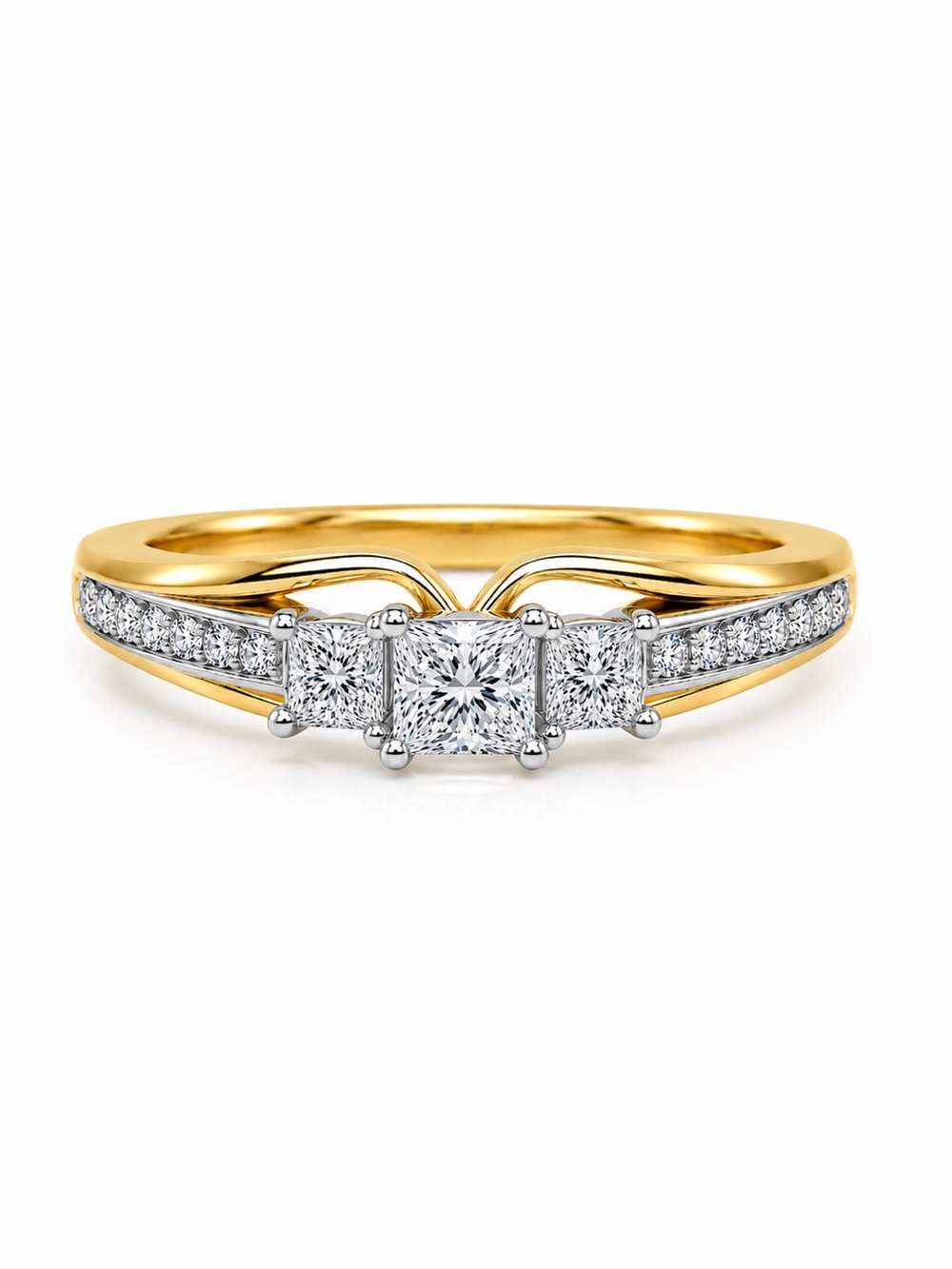 14k Two Tone Gold Natural Diamond 3 Stone Princess Cut Engagement Ring Sz 6